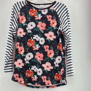 Floral Raglan Baseball Tee Striped Long Sleeve Black Pink Women’s Size L So Soft